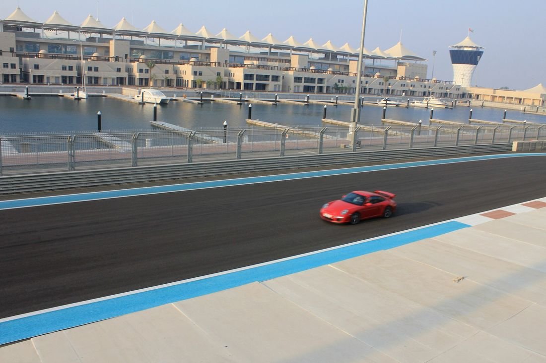 Yas Marina Circuit straight beside the yacht berths and grandstand on Yas Island