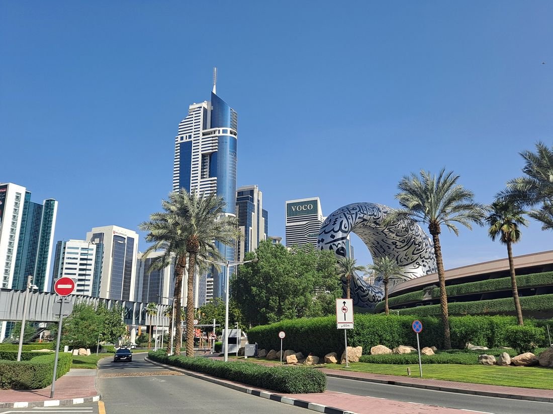 The Museum of the Future in front of the Sheikh Zayed Road towers